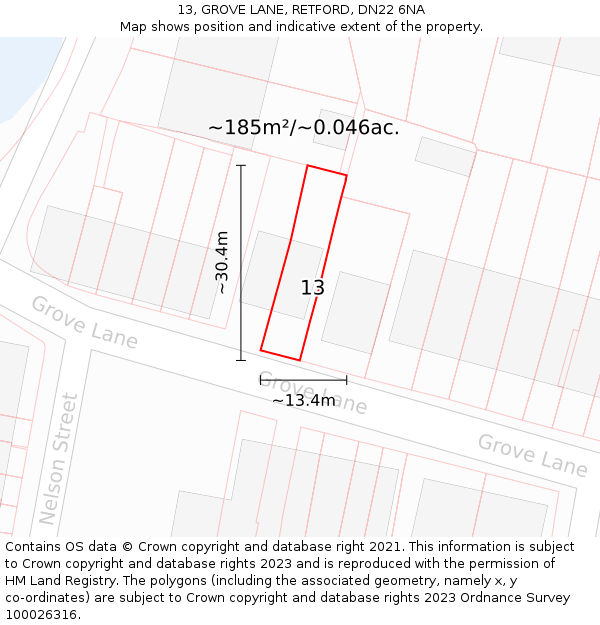 13, GROVE LANE, RETFORD, DN22 6NA: Plot and title map