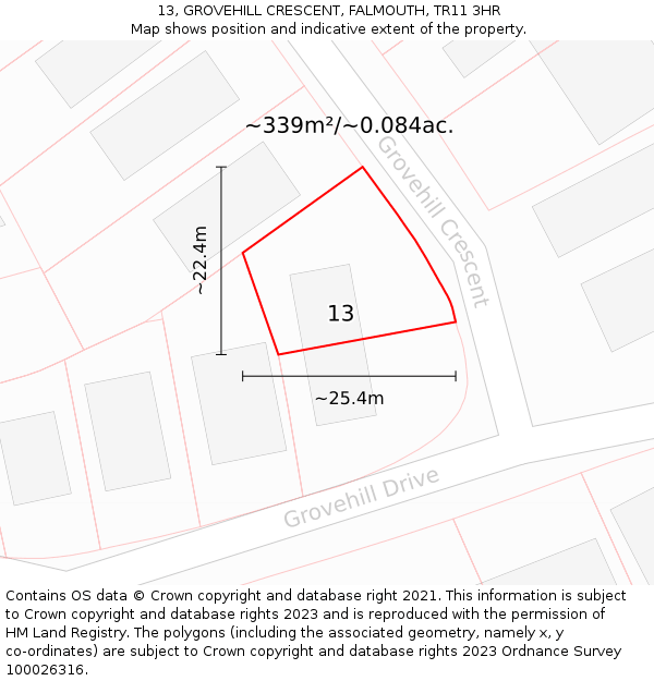 13, GROVEHILL CRESCENT, FALMOUTH, TR11 3HR: Plot and title map