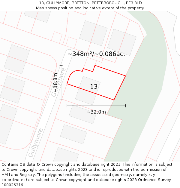13, GULLYMORE, BRETTON, PETERBOROUGH, PE3 8LD: Plot and title map
