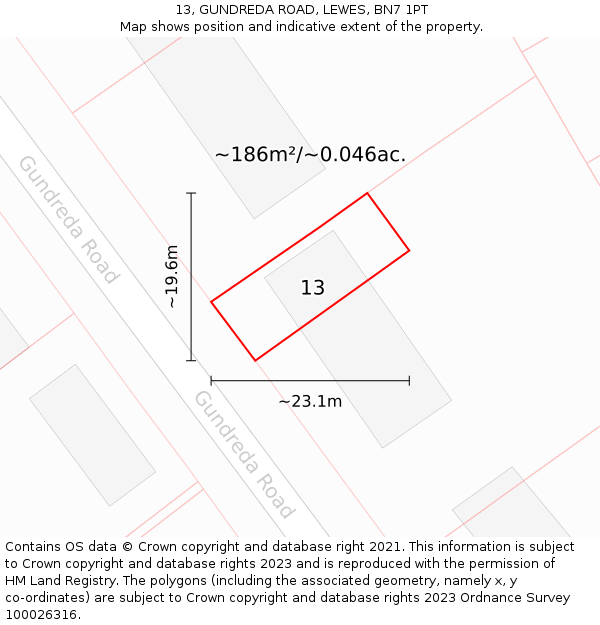 13, GUNDREDA ROAD, LEWES, BN7 1PT: Plot and title map