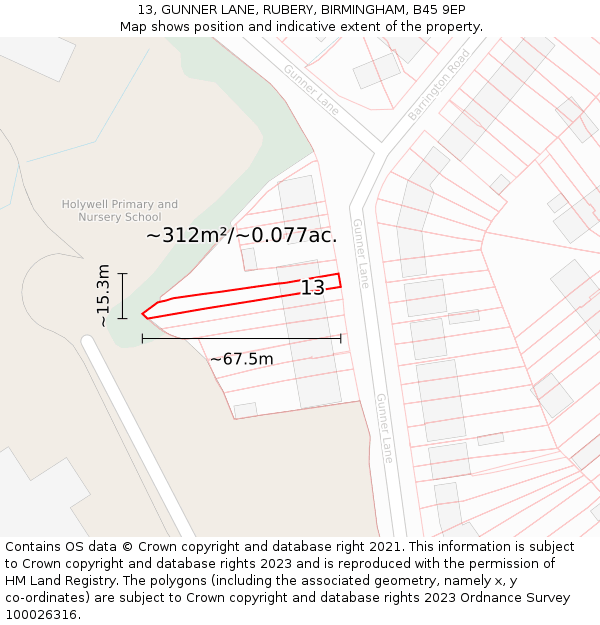 13, GUNNER LANE, RUBERY, BIRMINGHAM, B45 9EP: Plot and title map