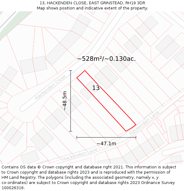 13, HACKENDEN CLOSE, EAST GRINSTEAD, RH19 3DR: Plot and title map