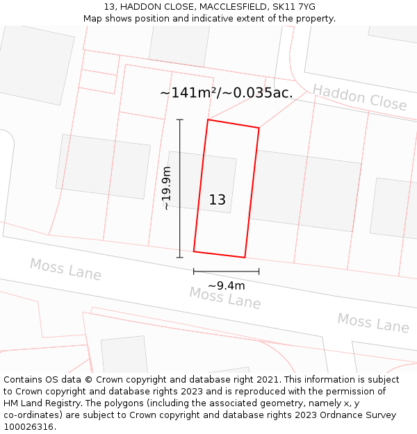 13, HADDON CLOSE, MACCLESFIELD, SK11 7YG: Plot and title map
