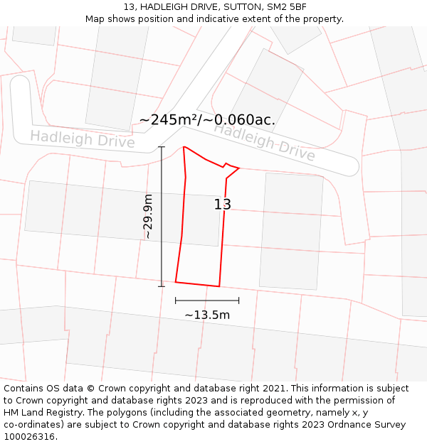 13, HADLEIGH DRIVE, SUTTON, SM2 5BF: Plot and title map