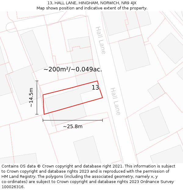 13, HALL LANE, HINGHAM, NORWICH, NR9 4JX: Plot and title map