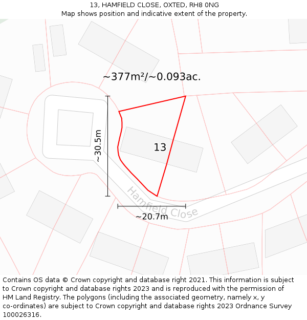 13, HAMFIELD CLOSE, OXTED, RH8 0NG: Plot and title map
