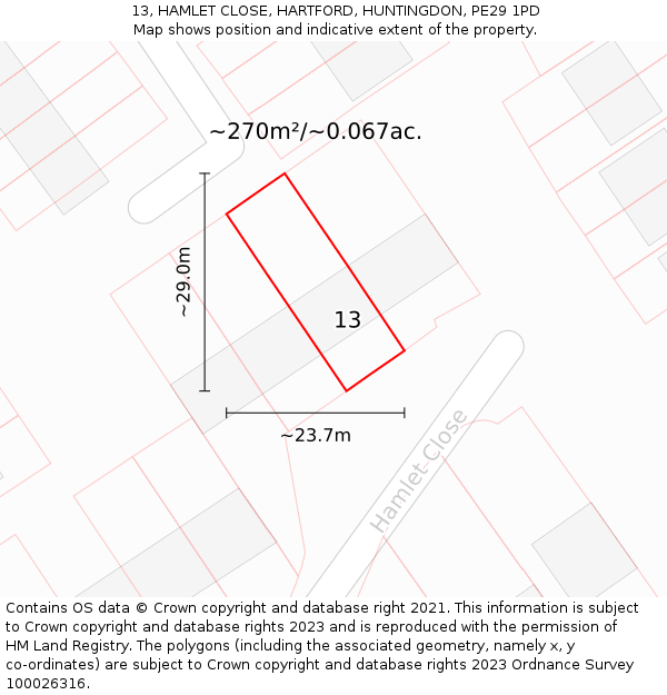 13, HAMLET CLOSE, HARTFORD, HUNTINGDON, PE29 1PD: Plot and title map