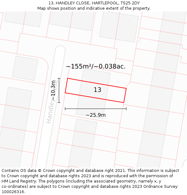 13, HANDLEY CLOSE, HARTLEPOOL, TS25 2DY: Plot and title map