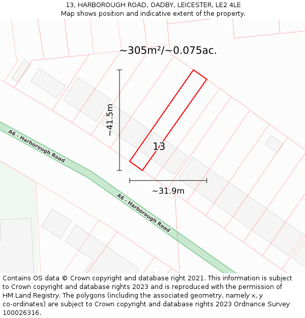 13, HARBOROUGH ROAD, OADBY, LEICESTER, LE2 4LE: Plot and title map