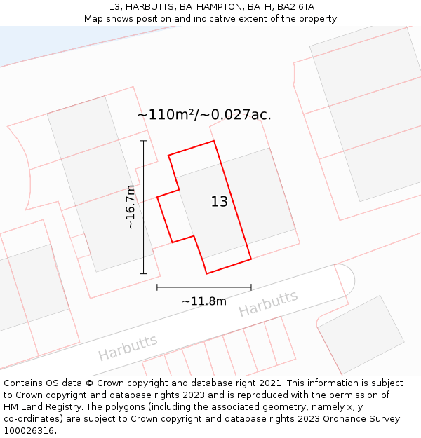 13, HARBUTTS, BATHAMPTON, BATH, BA2 6TA: Plot and title map