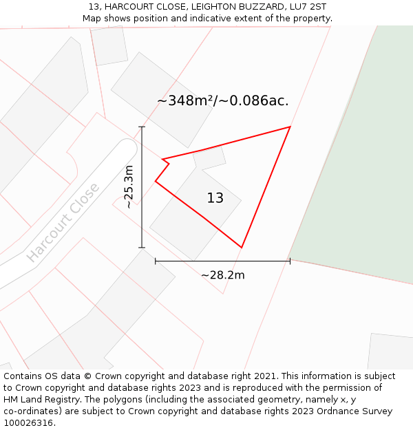 13, HARCOURT CLOSE, LEIGHTON BUZZARD, LU7 2ST: Plot and title map