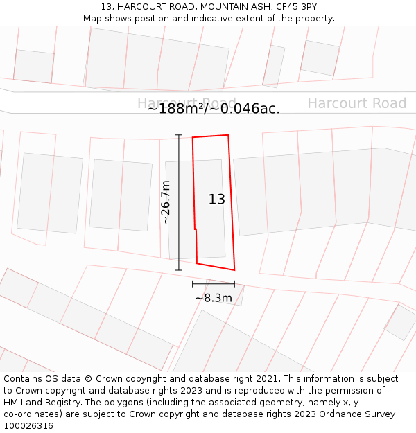 13, HARCOURT ROAD, MOUNTAIN ASH, CF45 3PY: Plot and title map