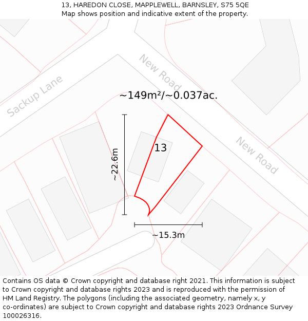 13, HAREDON CLOSE, MAPPLEWELL, BARNSLEY, S75 5QE: Plot and title map