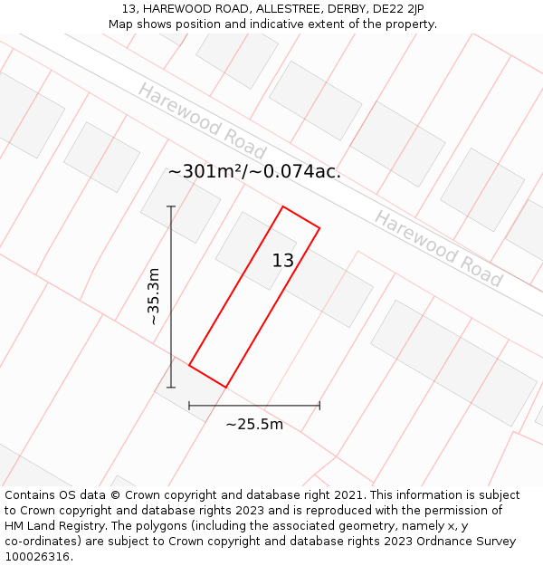 13, HAREWOOD ROAD, ALLESTREE, DERBY, DE22 2JP: Plot and title map