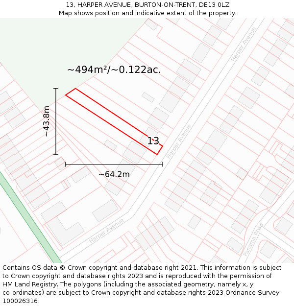 13, HARPER AVENUE, BURTON-ON-TRENT, DE13 0LZ: Plot and title map