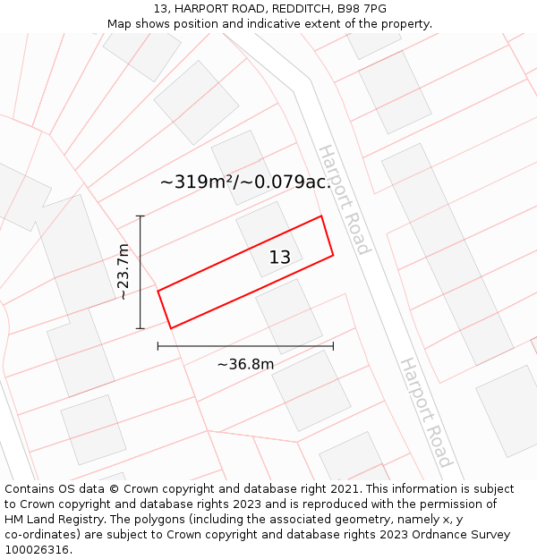 13, HARPORT ROAD, REDDITCH, B98 7PG: Plot and title map