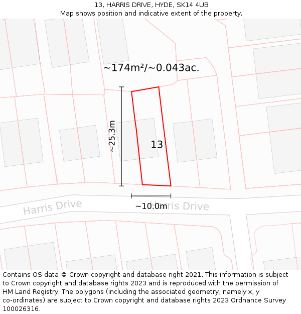 13, HARRIS DRIVE, HYDE, SK14 4UB: Plot and title map