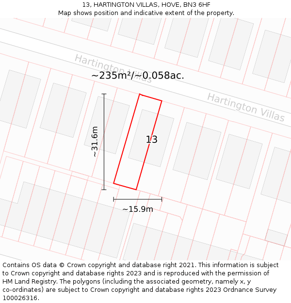 13, HARTINGTON VILLAS, HOVE, BN3 6HF: Plot and title map