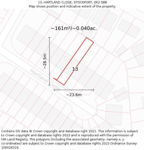 13, HARTLAND CLOSE, STOCKPORT, SK2 5BB: Plot and title map