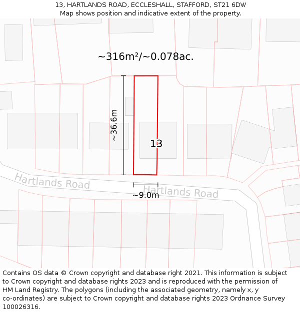 13, HARTLANDS ROAD, ECCLESHALL, STAFFORD, ST21 6DW: Plot and title map