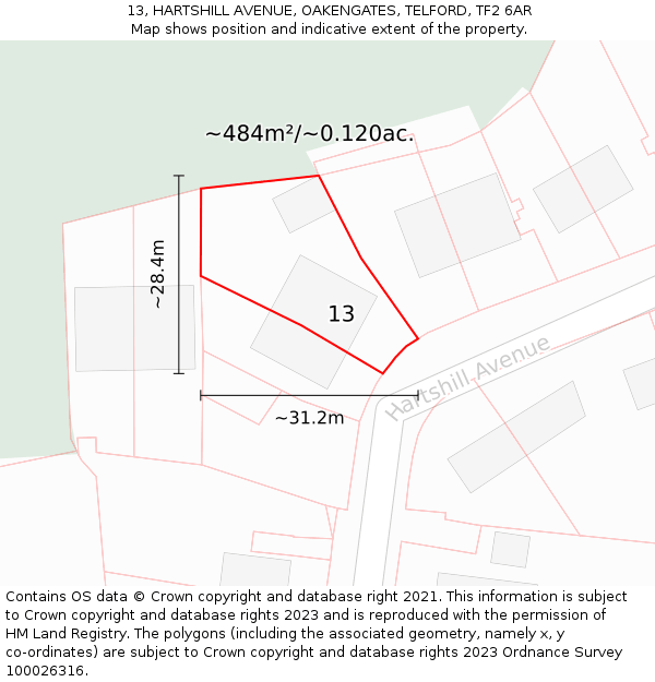 13, HARTSHILL AVENUE, OAKENGATES, TELFORD, TF2 6AR: Plot and title map
