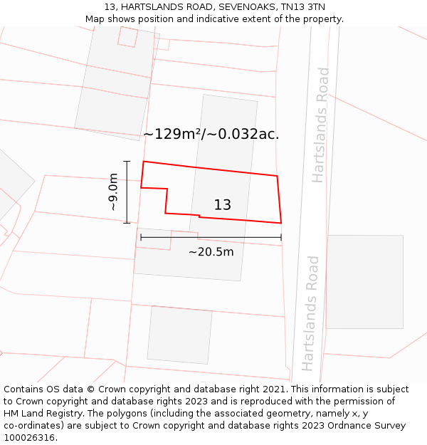 13, HARTSLANDS ROAD, SEVENOAKS, TN13 3TN: Plot and title map