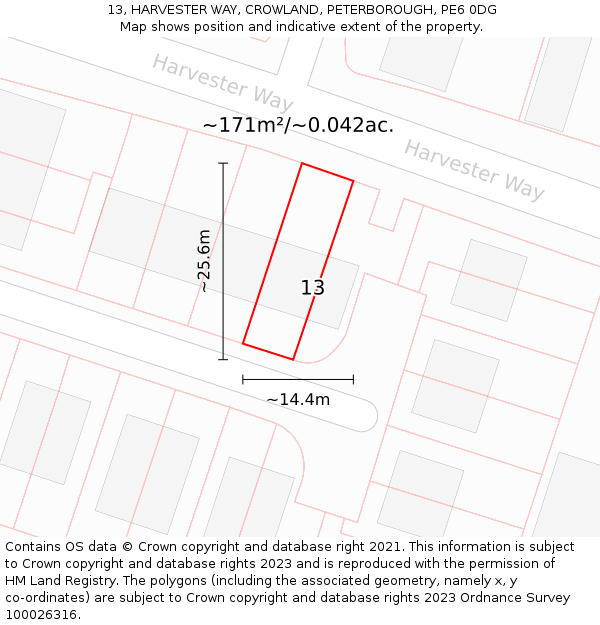 13, HARVESTER WAY, CROWLAND, PETERBOROUGH, PE6 0DG: Plot and title map