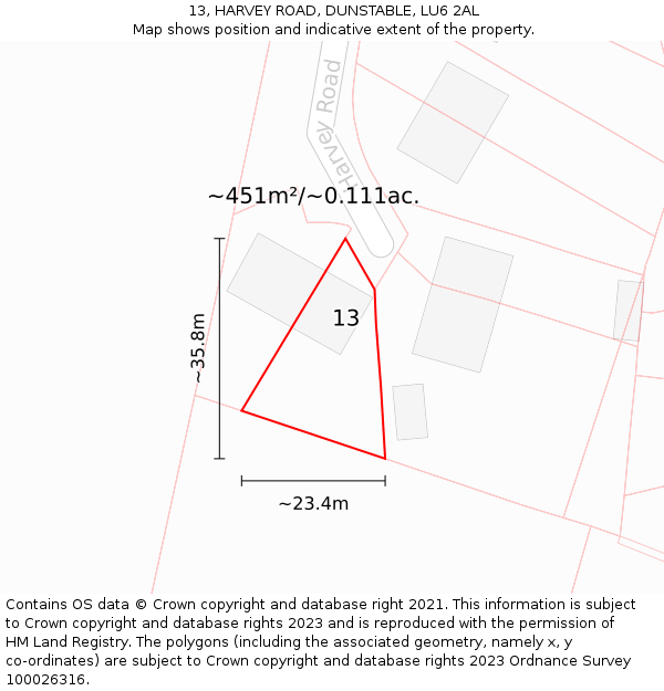13, HARVEY ROAD, DUNSTABLE, LU6 2AL: Plot and title map