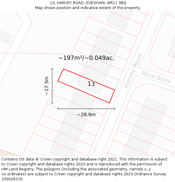 13, HARVEY ROAD, EVESHAM, WR11 3BQ: Plot and title map