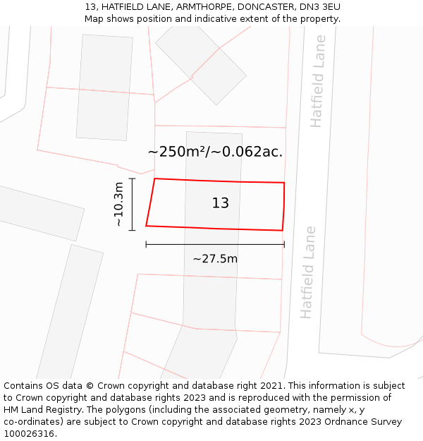 13, HATFIELD LANE, ARMTHORPE, DONCASTER, DN3 3EU: Plot and title map