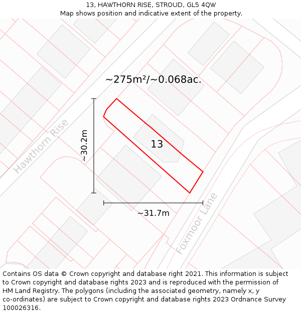 13, HAWTHORN RISE, STROUD, GL5 4QW: Plot and title map
