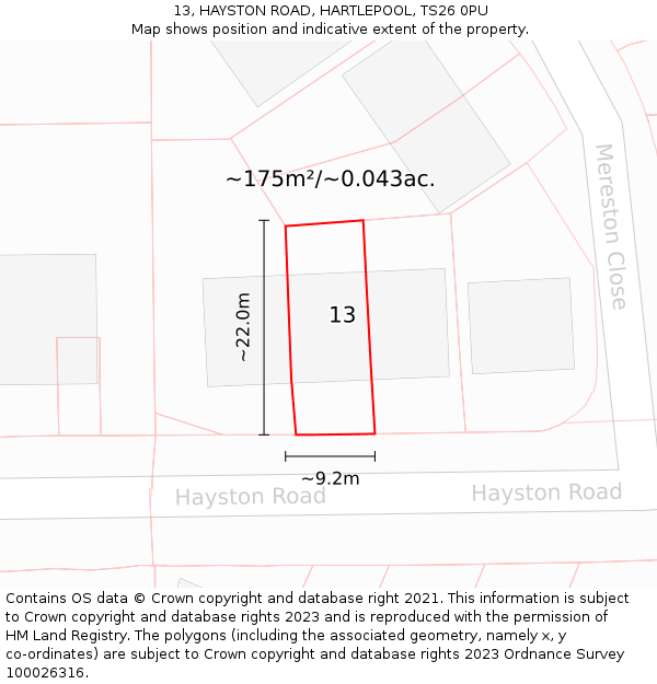 13, HAYSTON ROAD, HARTLEPOOL, TS26 0PU: Plot and title map