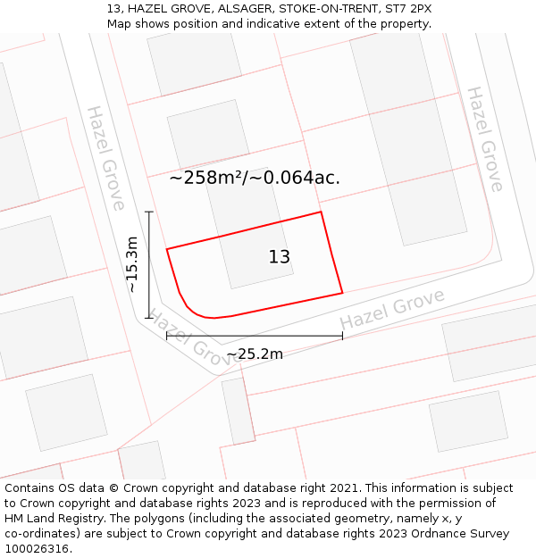 13, HAZEL GROVE, ALSAGER, STOKE-ON-TRENT, ST7 2PX: Plot and title map
