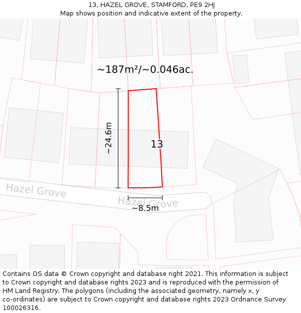 13, HAZEL GROVE, STAMFORD, PE9 2HJ: Plot and title map