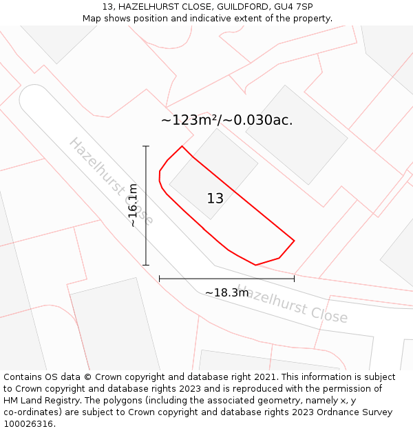13, HAZELHURST CLOSE, GUILDFORD, GU4 7SP: Plot and title map