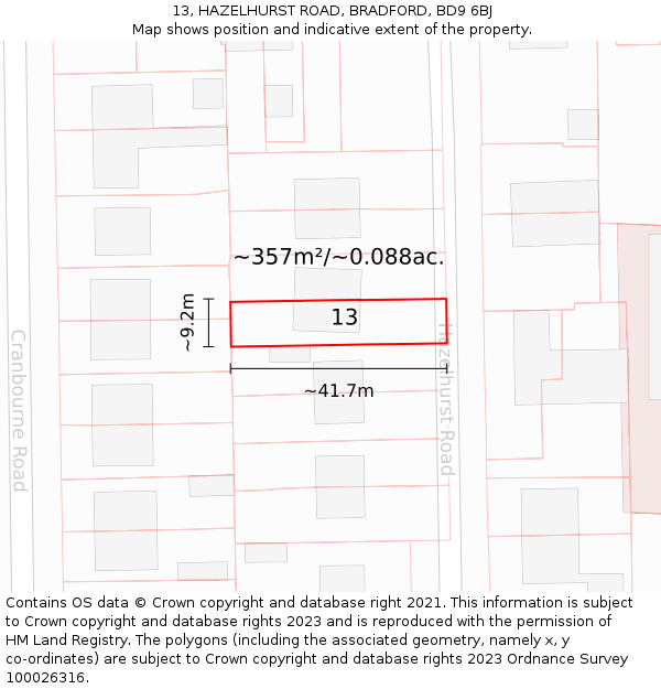 13, HAZELHURST ROAD, BRADFORD, BD9 6BJ: Plot and title map