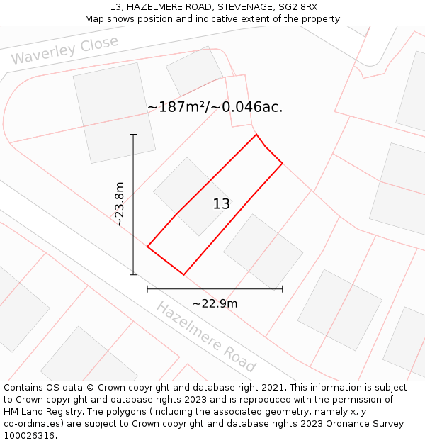 13, HAZELMERE ROAD, STEVENAGE, SG2 8RX: Plot and title map