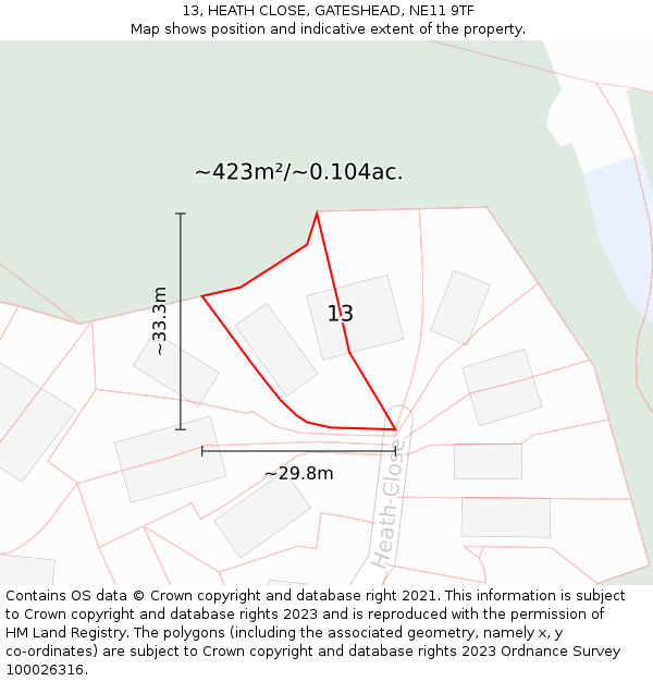 13, HEATH CLOSE, GATESHEAD, NE11 9TF: Plot and title map