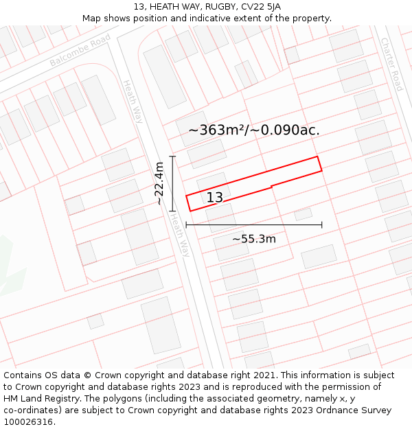 13, HEATH WAY, RUGBY, CV22 5JA: Plot and title map