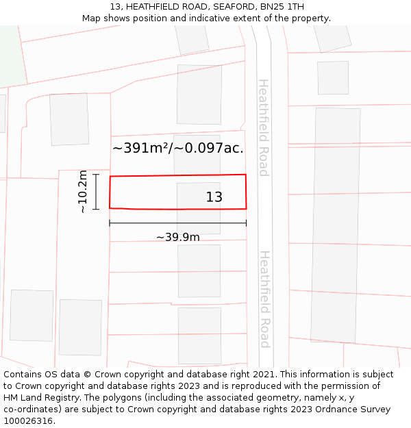 13, HEATHFIELD ROAD, SEAFORD, BN25 1TH: Plot and title map