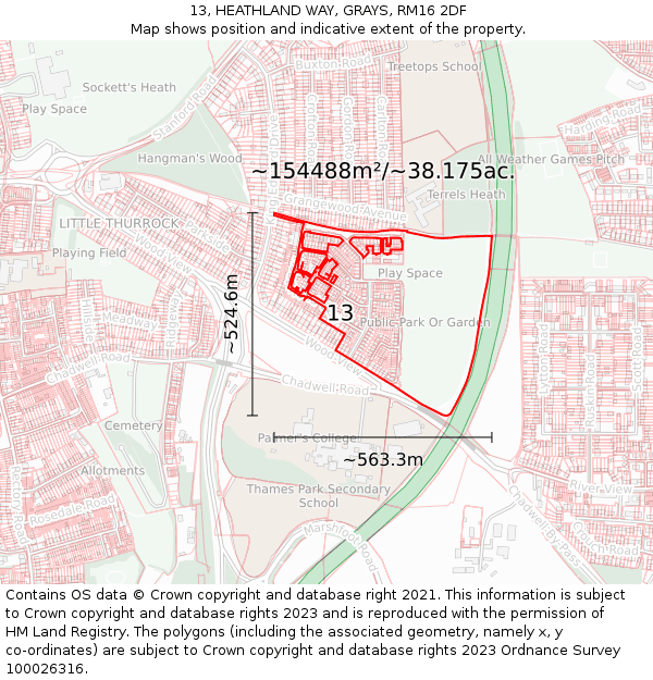 13, HEATHLAND WAY, GRAYS, RM16 2DF: Plot and title map