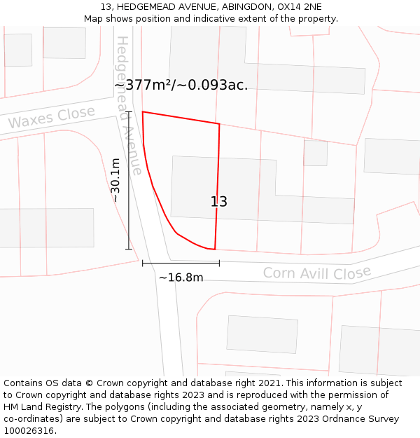 13, HEDGEMEAD AVENUE, ABINGDON, OX14 2NE: Plot and title map