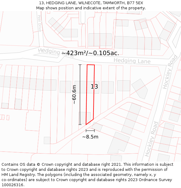 13, HEDGING LANE, WILNECOTE, TAMWORTH, B77 5EX: Plot and title map