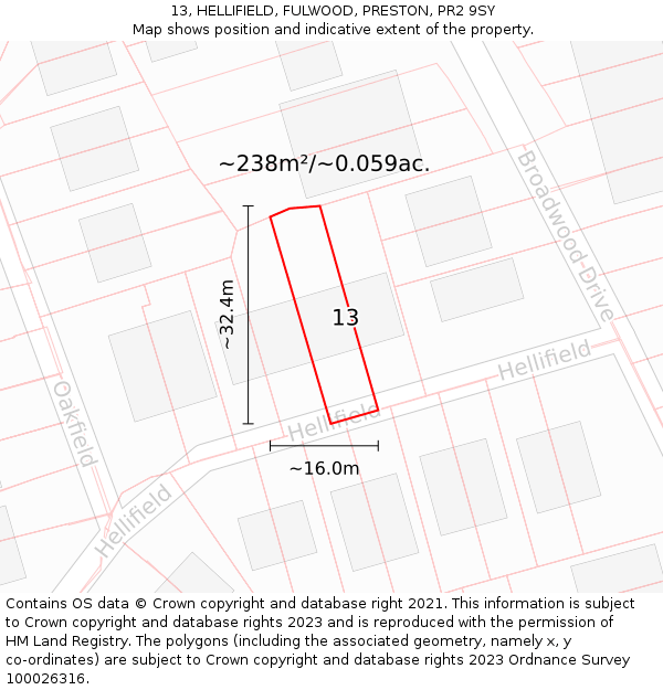 13, HELLIFIELD, FULWOOD, PRESTON, PR2 9SY: Plot and title map