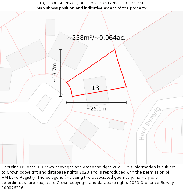 13, HEOL AP PRYCE, BEDDAU, PONTYPRIDD, CF38 2SH: Plot and title map