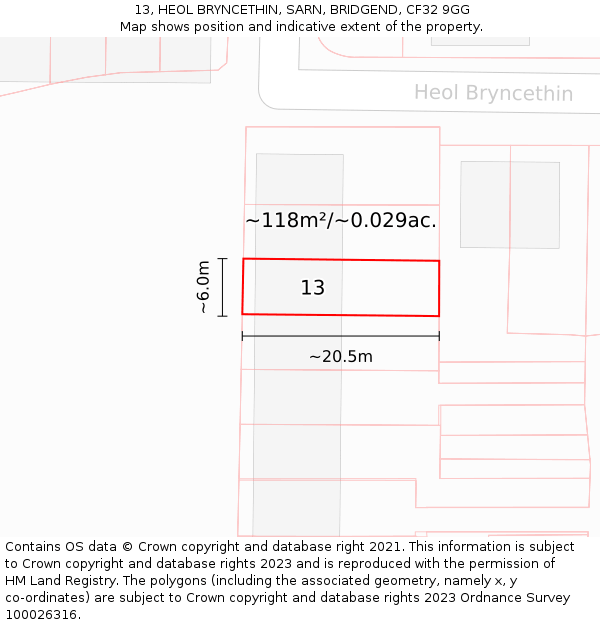 13, HEOL BRYNCETHIN, SARN, BRIDGEND, CF32 9GG: Plot and title map