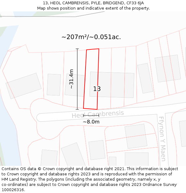 13, HEOL CAMBRENSIS, PYLE, BRIDGEND, CF33 6JA: Plot and title map