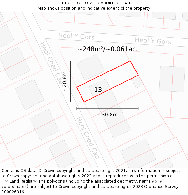 13, HEOL COED CAE, CARDIFF, CF14 1HJ: Plot and title map