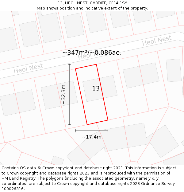 13, HEOL NEST, CARDIFF, CF14 1SY: Plot and title map