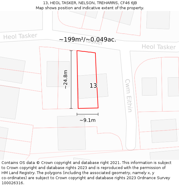 13, HEOL TASKER, NELSON, TREHARRIS, CF46 6JB: Plot and title map